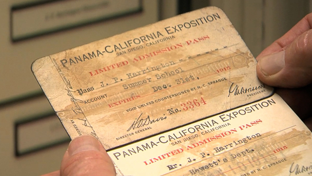 J.P. Harringtons Panama–California Exposition pass circa 1915 housed at the Santa Barbara Natural History Museum. The Panama-California Exposition took place over a three year period between 1914 and 1917 to celebrate the opening of the Panama Canal. Photo Credit: Daniel Golding